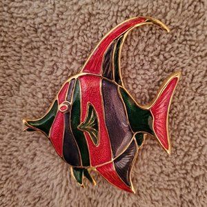 Angelfish Brooch, Enamel on Gold Tone Metal, Shimmering Red Green Fish Pin